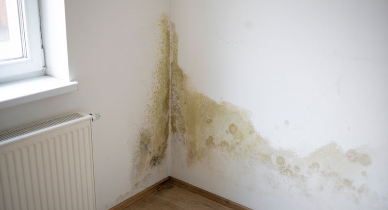 Extensive mildew staining on white interior wall